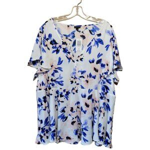 NWT Torrid Tunic Peplum Blue Top Blouse Ruffle Flutter Sleeve Floral Sz 1X New